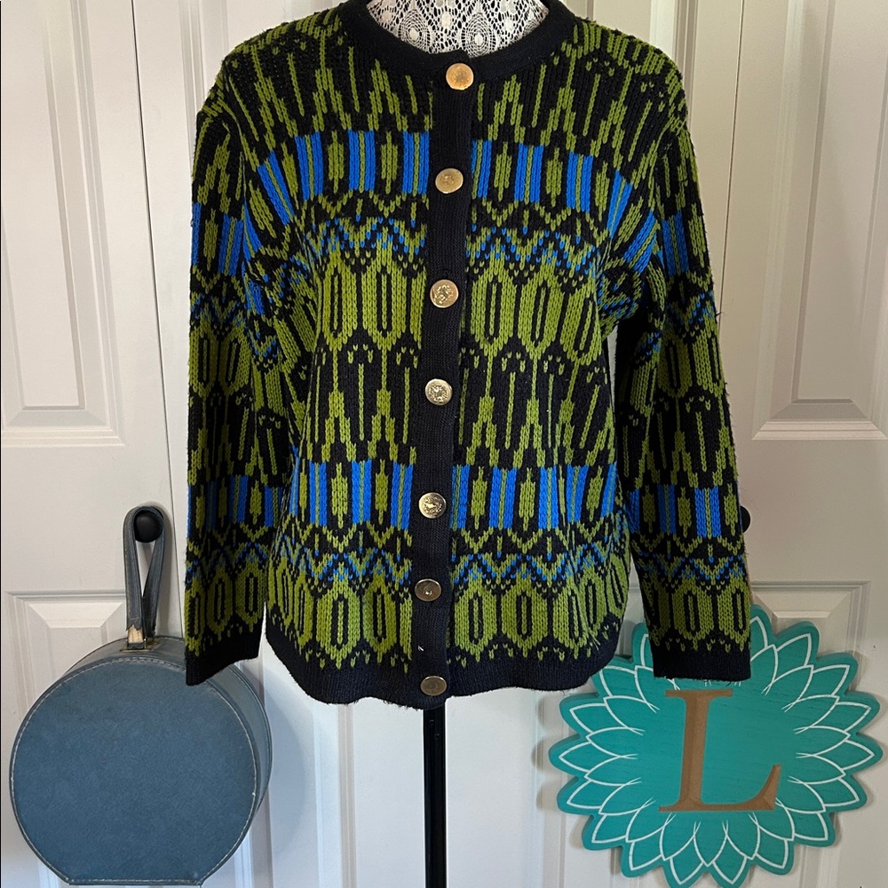 🦩Vintage Virgin Wool Cardigan - Geometric Knit (Green, Blue, Black)